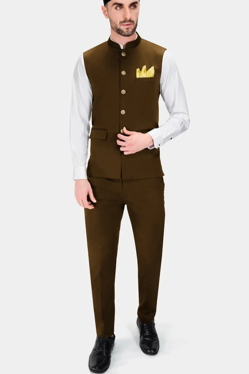 Metallic Bronze Brown Premium Cotton Stretchable Traveler Nehru Jacket 5