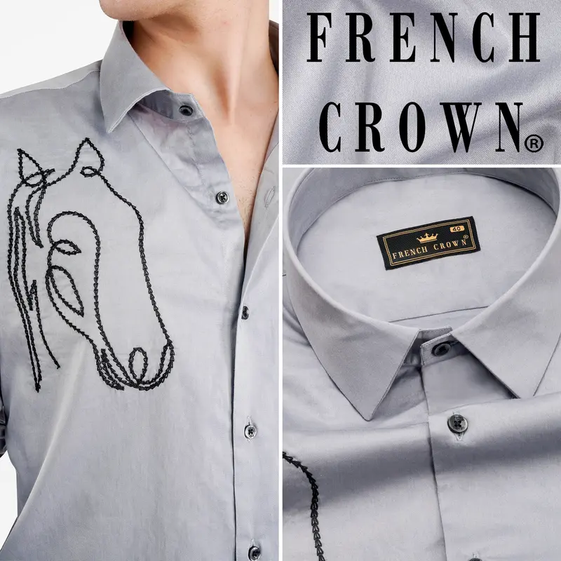 Metallic Gray Embroidered Royal Oxford Designer Shirt 1