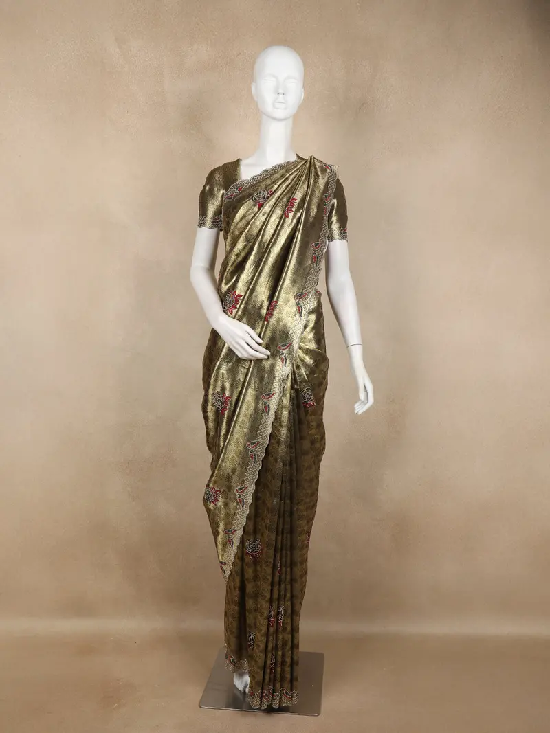 Metallic Olive Green Banarasi Silk Saree With Embroidered Floral Motifs And Designer Border 1