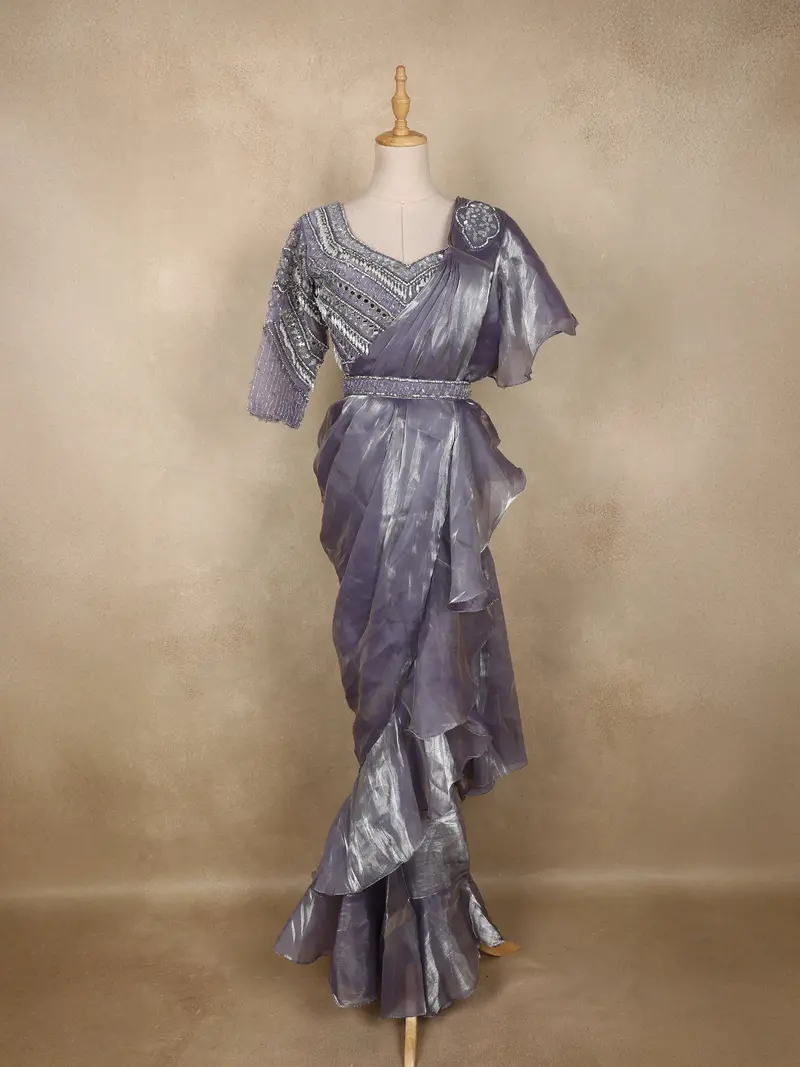 Metallic Purple Sequins Embellished Satin Ready To Wear Ruffle Saree With Blouse 1