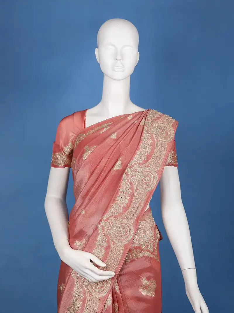 Metallic Rose Floral Zari Sequin Embellishment Organza Saree 1