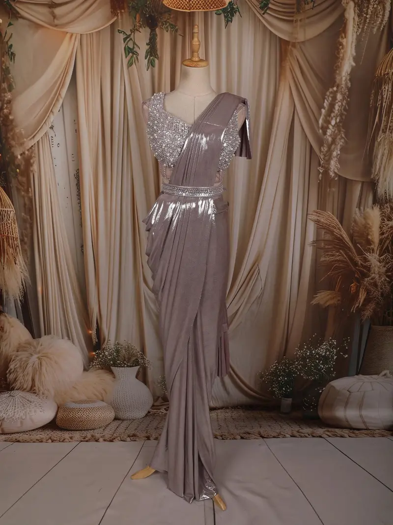 Metallic Taupe Soli Design Ready To Wear Saree With Heavy Sequins Embroidered Blouse And Hip Belt 1