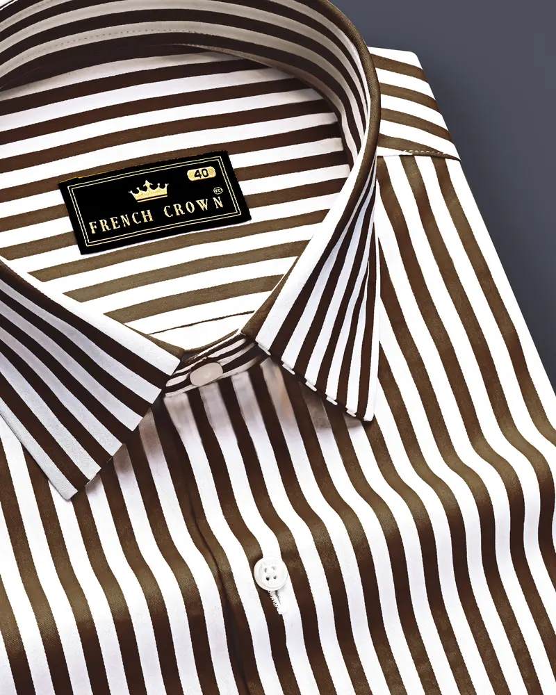 Metavue-Metallic Brown And Bright White Striped Subtle Sheen Super Soft Premium Cotton Dress Shirt 1