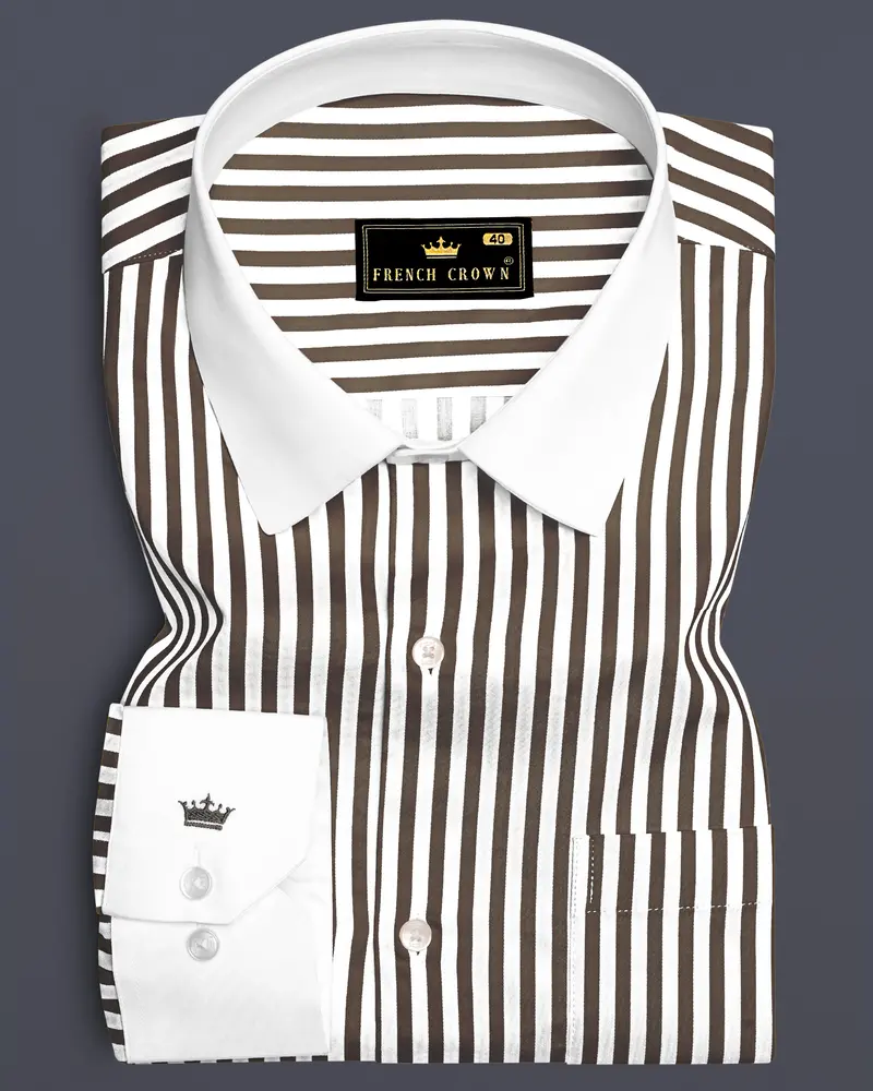 Metavue-Metallic Brown And Bright White Striped Super Soft Premium Cotton Dress White Cuff Collar Shirt 1