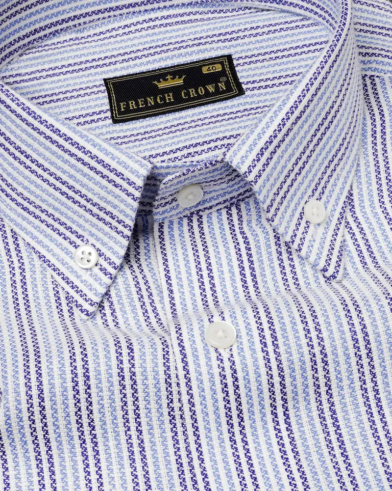 Meteorite Blue With Pale Cerulean Blue Striped Dobby Textured Premium Giza Cotton Shirt 1