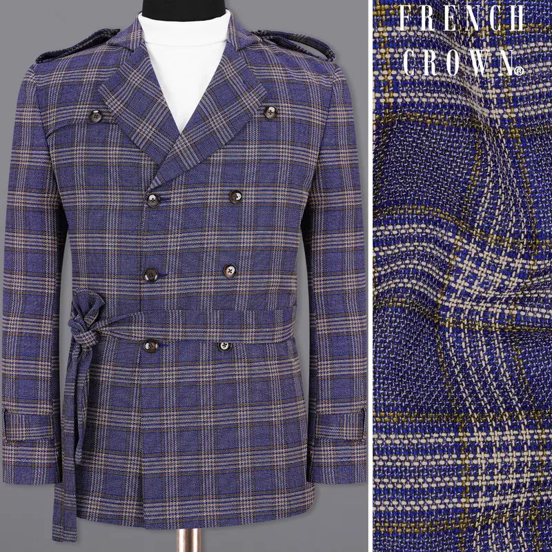 Meteorite Blue With Tide Brown Plaid Double Breasted Designer Blazer 1