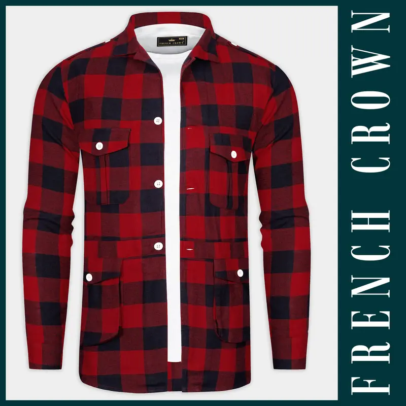 Mexican Red And Abbey Blue Plaid Flannel Premium Cotton Designer Overshirt/Shacket 1