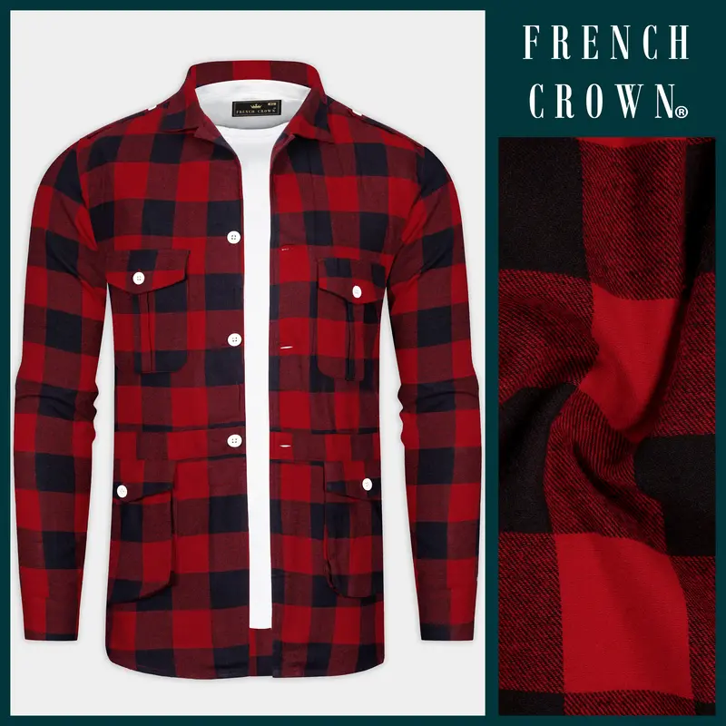 Mexican Red And Abbey Blue Plaid Flannel Premium Cotton Designer Overshirt/Shacket 11