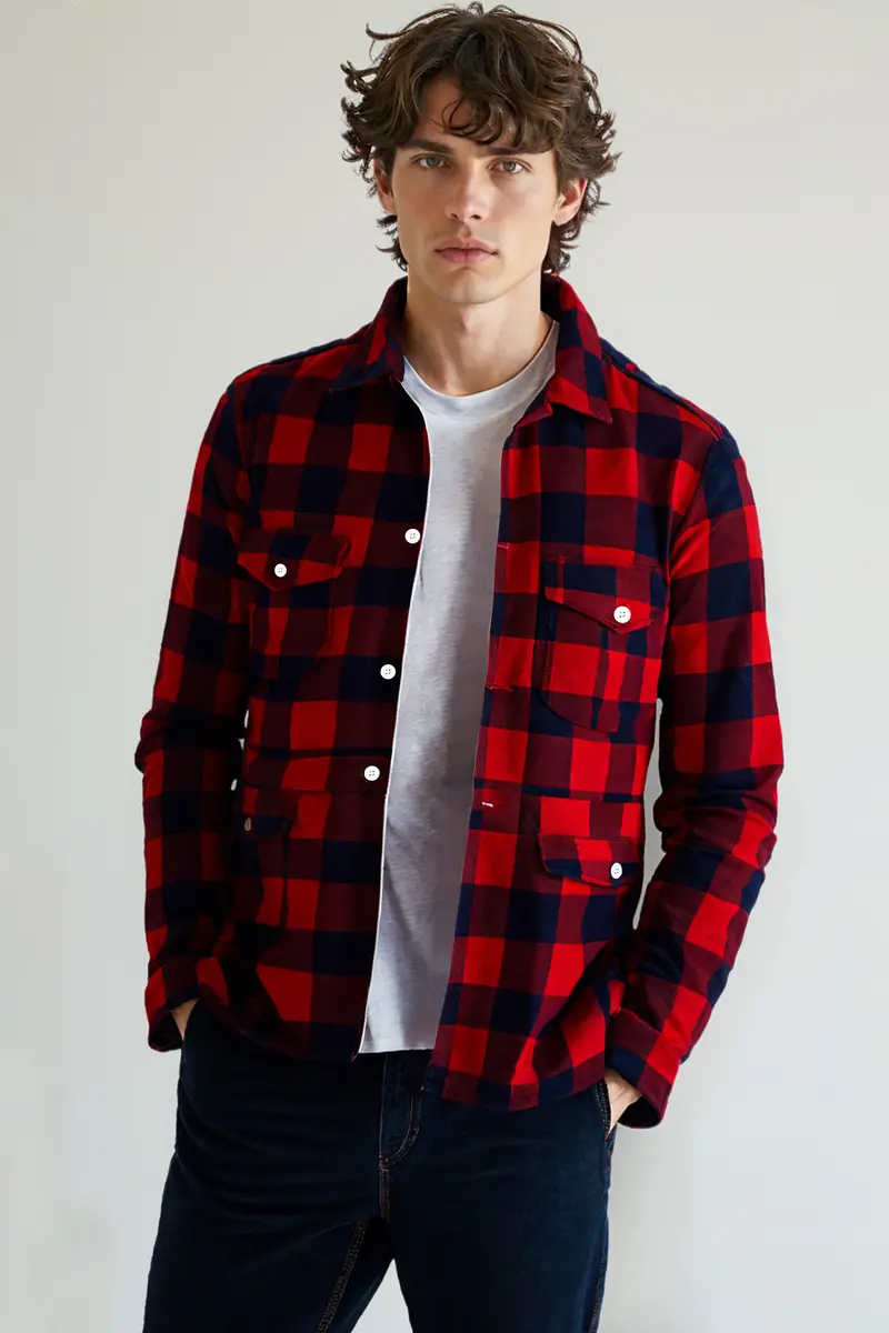Mexican Red And Abbey Blue Plaid Flannel Premium Cotton Designer Overshirt/Shacket 2