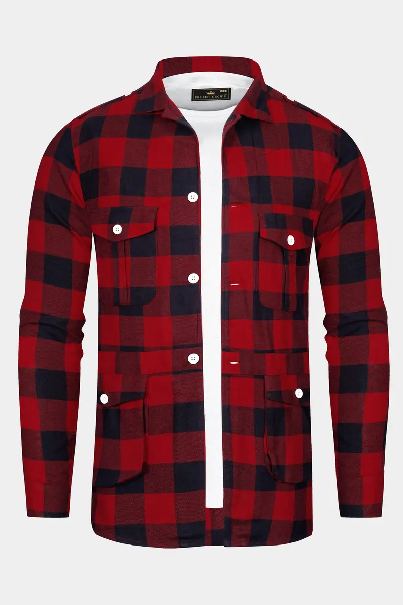 Mexican Red And Abbey Blue Plaid Flannel Premium Cotton Designer Overshirt/Shacket 4