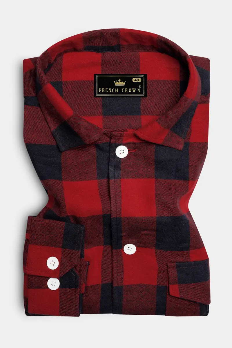 Mexican Red And Abbey Blue Plaid Flannel Premium Cotton Designer Overshirt/Shacket 6