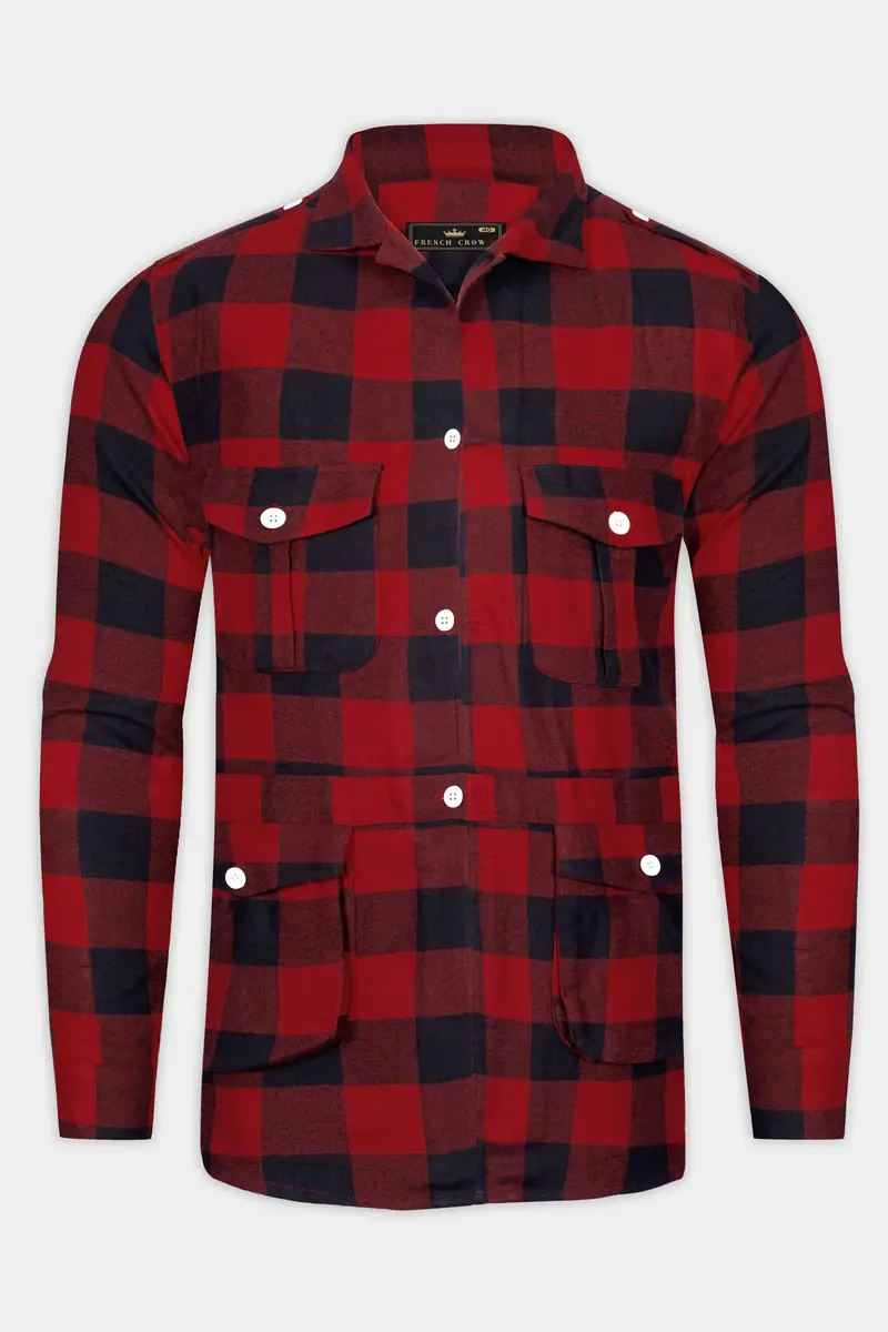 Mexican Red And Abbey Blue Plaid Flannel Premium Cotton Designer Overshirt/Shacket 7