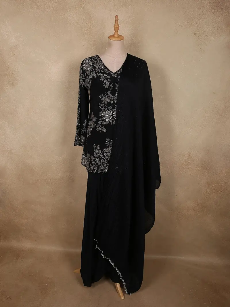 Midnight Black Floral Sequins And Beads Embroidered Design Satin Skirt Top With Dupatta 1