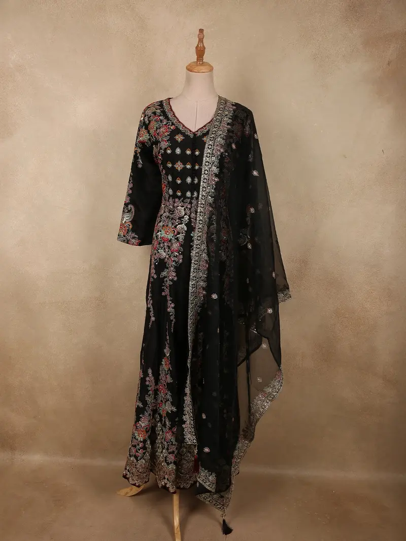 Midnight Black Floral Thread And Sequins Embroidered Design Crepe Palazzo Suit With Dupatta 1