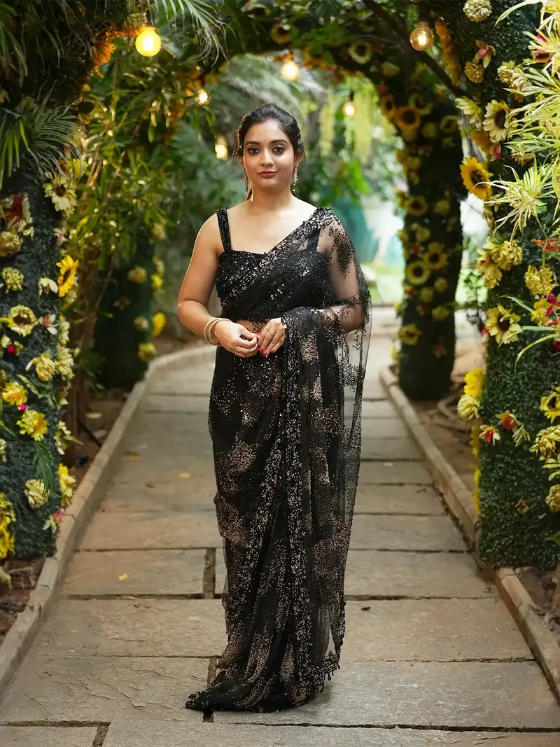 Midnight Black Sequin Embellished Net Saree 1