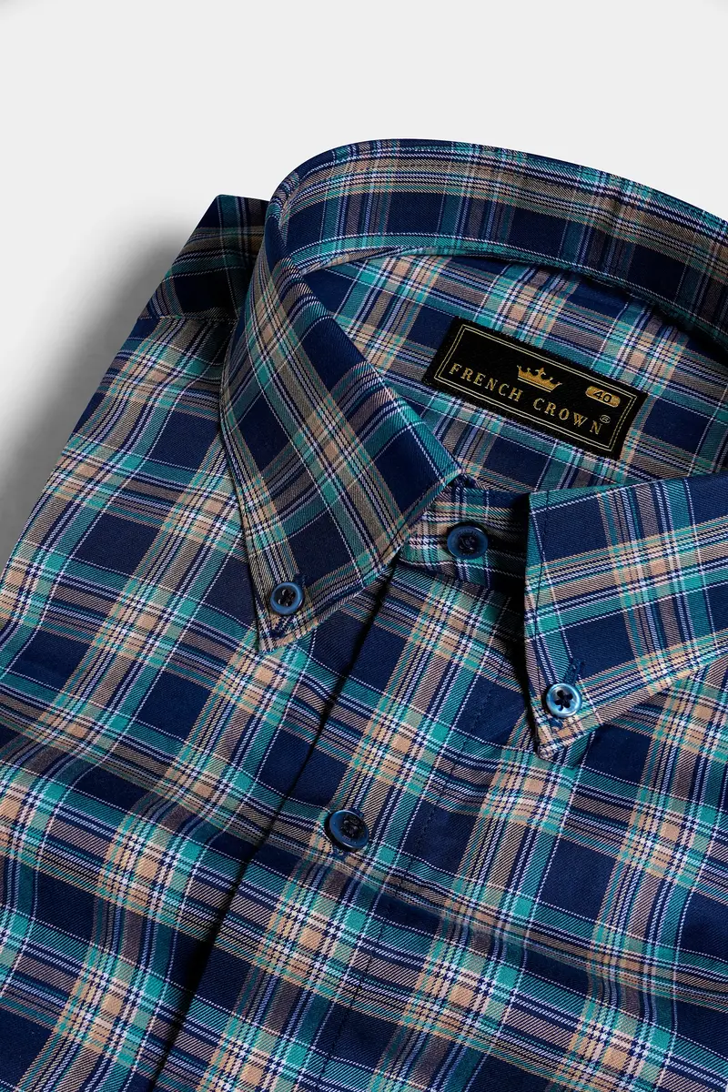 Midnight Blue And Pharlap Brown Twill Plaid Premium Cotton Shirt 1