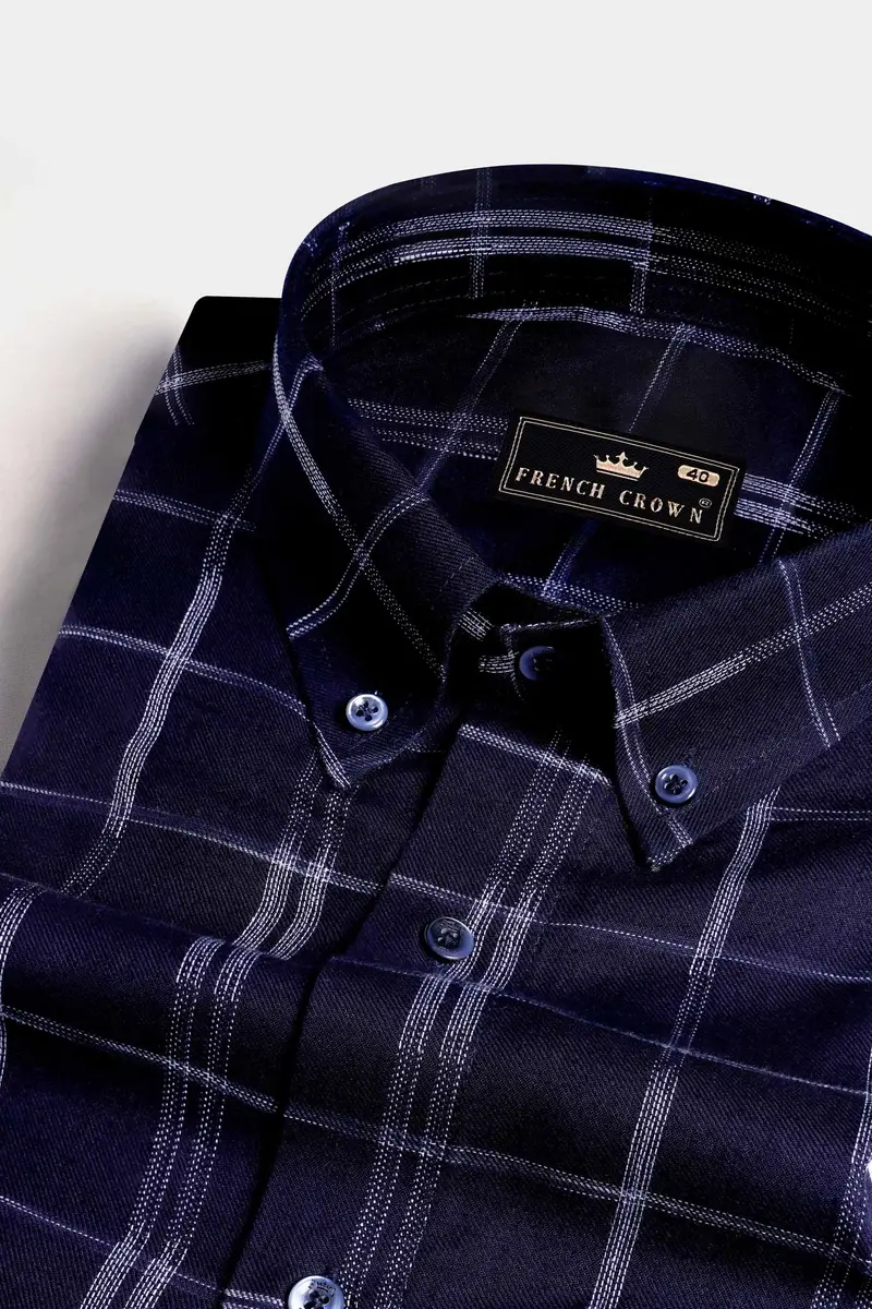 Midnight Blue And White Checkered Dobby Textured Premium Giza Cotton Shirt 1