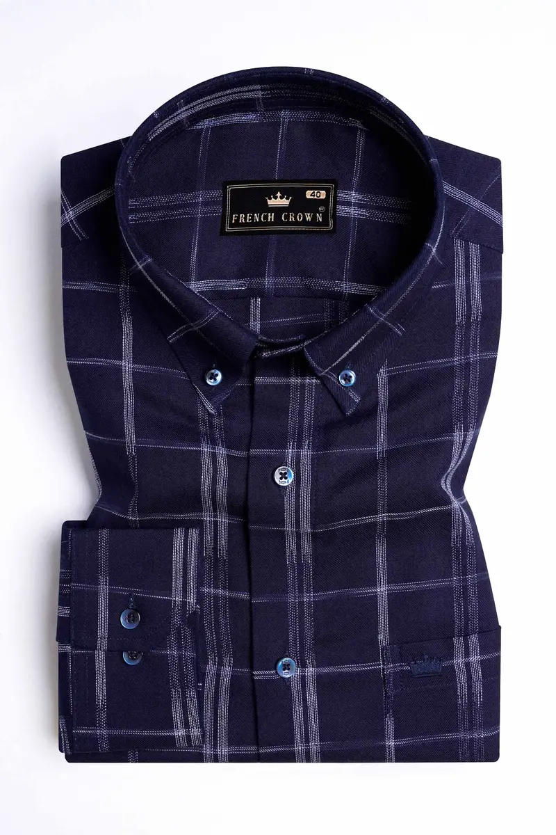 Midnight Blue And White Checkered Dobby Textured Premium Giza Cotton Shirt 3