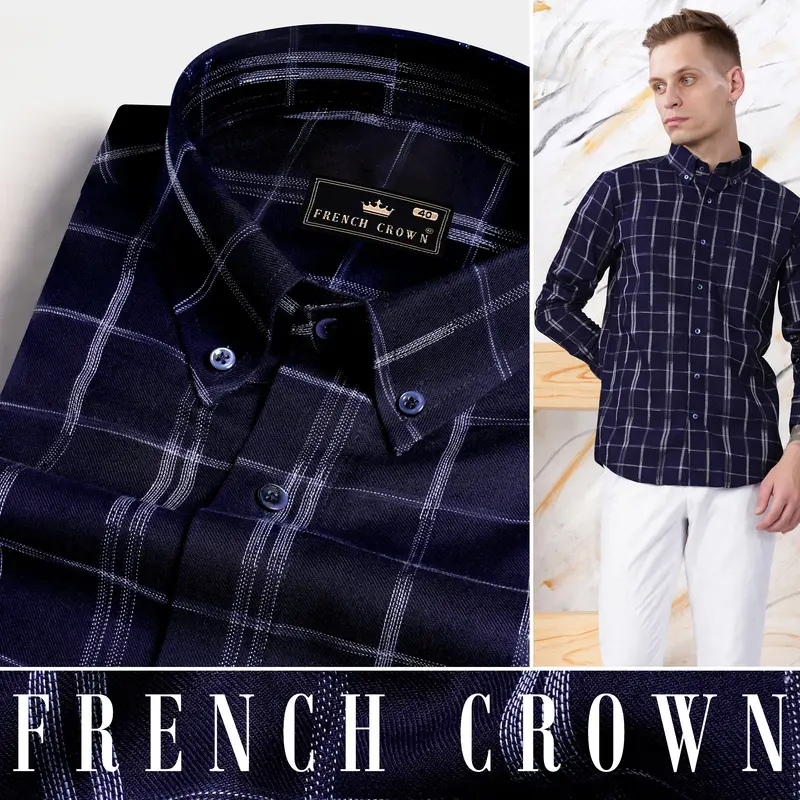 Midnight Blue And White Checkered Dobby Textured Premium Giza Cotton Shirt 4