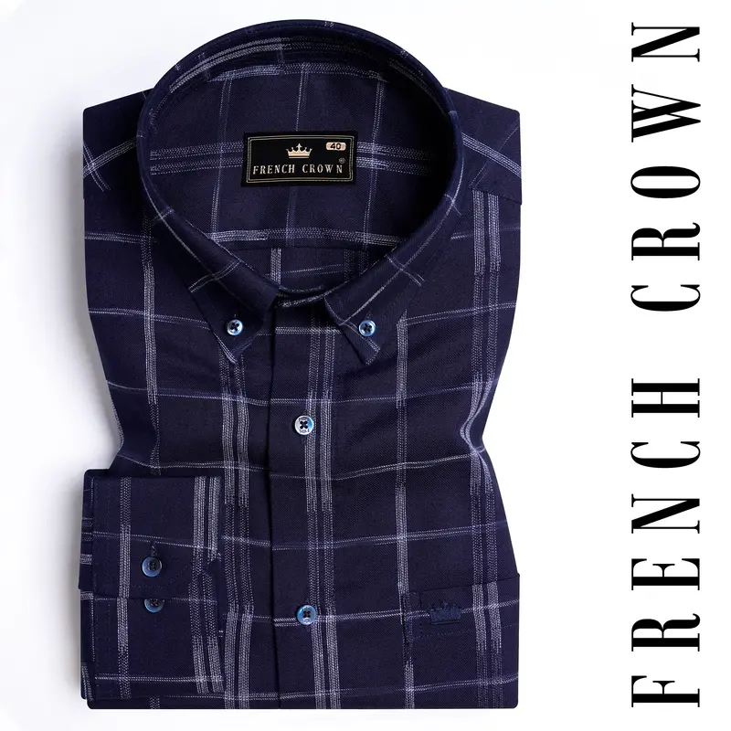Midnight Blue And White Checkered Dobby Textured Premium Giza Cotton Shirt 7