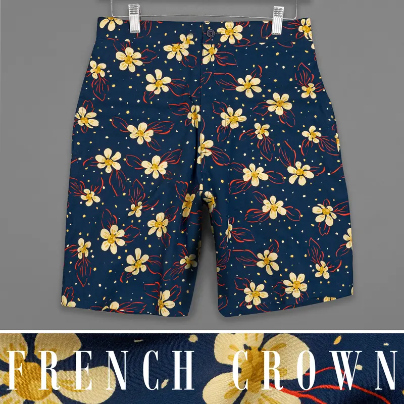 Midnight Blue Floral Printed Premium Cotton Shorts 1