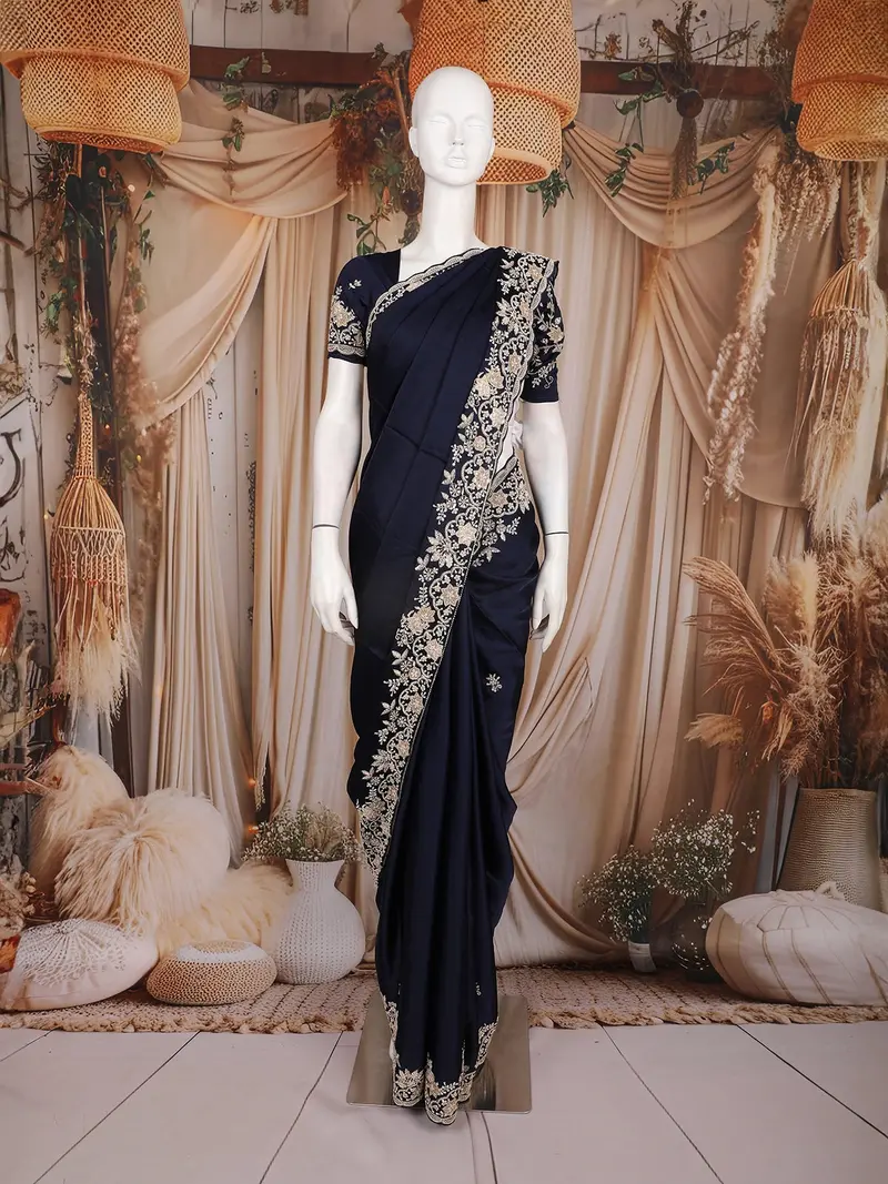Midnight Blue Floral Sequins Embroidered Satin Saree 1