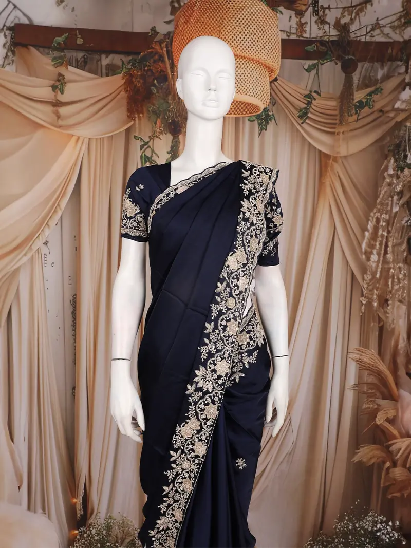 Midnight Blue Floral Sequins Embroidered Satin Saree 2