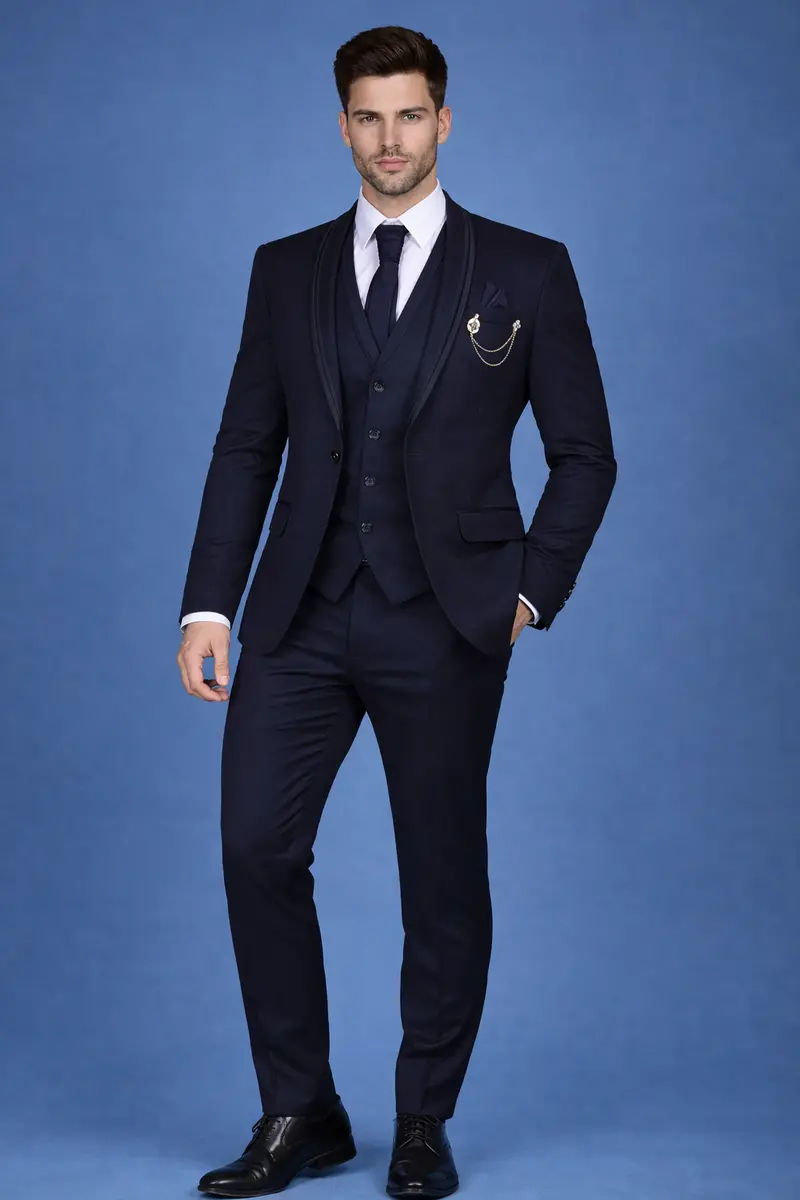 Midnight Blue  Solid Men's Suit  With Chain Brooch Detailing 1