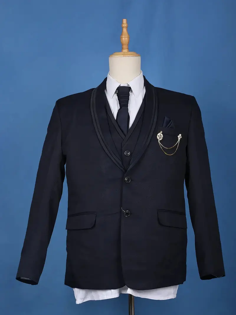 Midnight Blue Solid Men's Suit With Chain Brooch Detailing 2