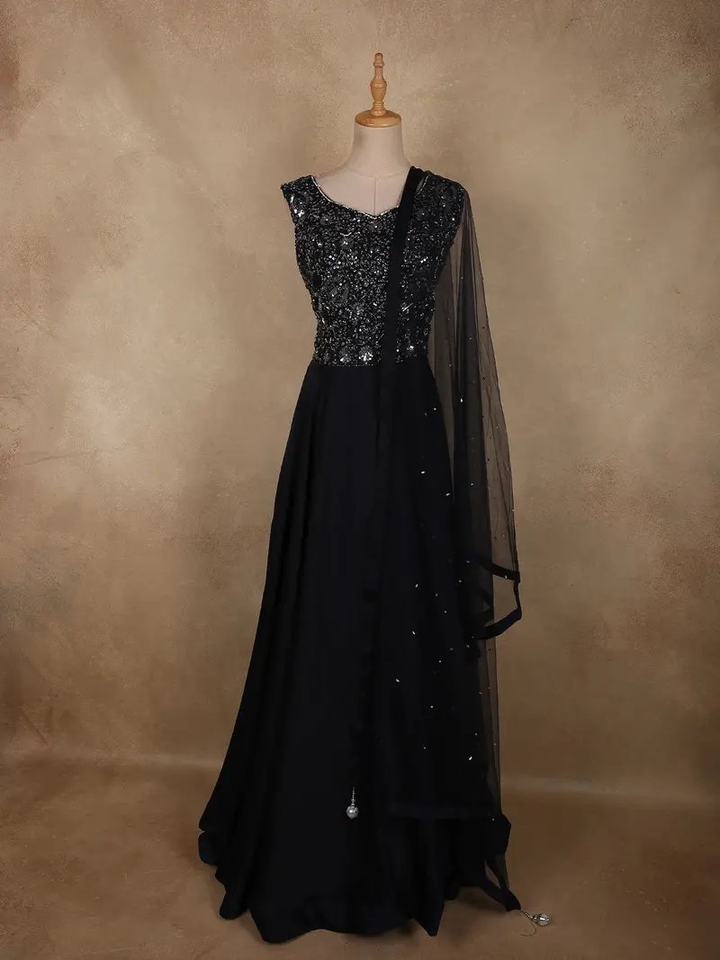 Midnight Blue Stone Embroidered Design Satin Party Wear Gown 1