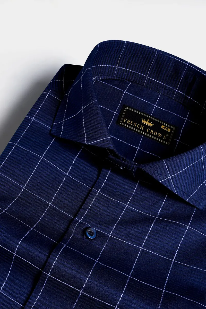 Midnight Blue Windowpane Dobby Textured Premium Giza Cotton Shirt 1