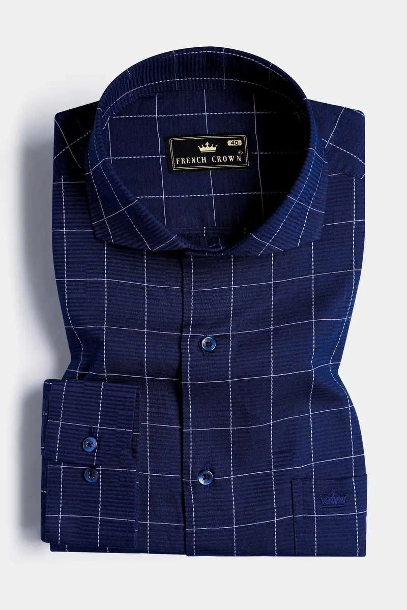 Midnight Blue Windowpane Dobby Textured Premium Giza Cotton Shirt 3