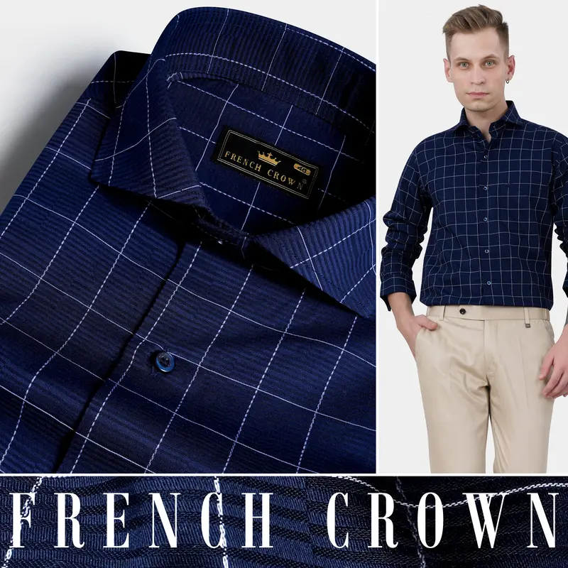 Midnight Blue Windowpane Dobby Textured Premium Giza Cotton Shirt 4