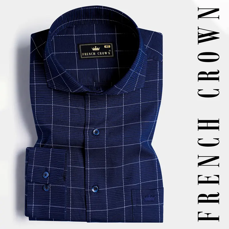 Midnight Blue Windowpane Dobby Textured Premium Giza Cotton Shirt 7