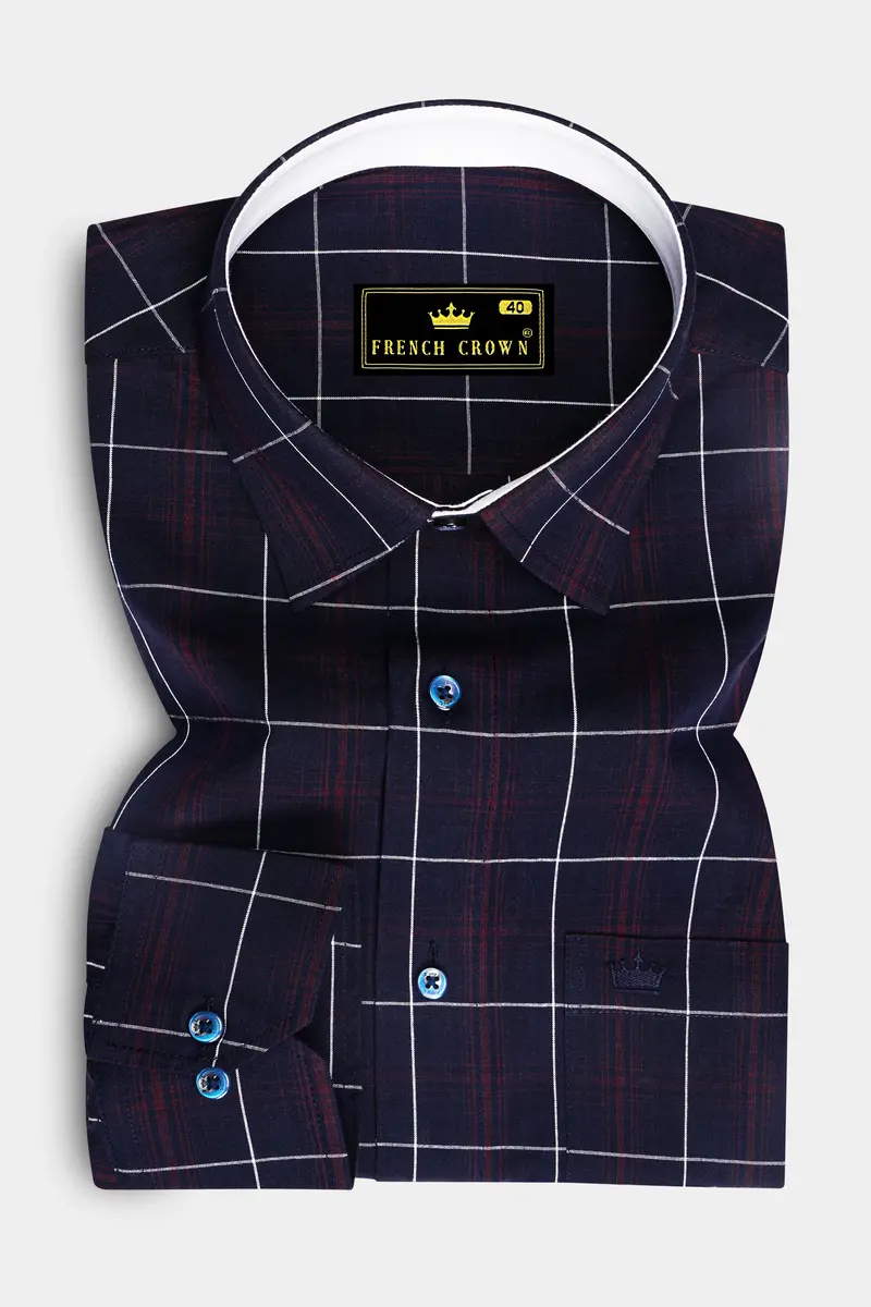 Midnight Blue With Barossa Wine Windowpane Premium Cotton Shirt 4