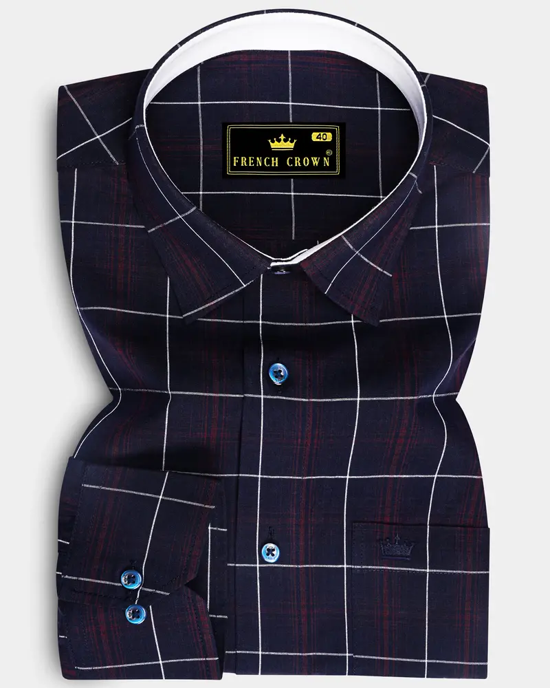 Midnight Blue With Barossa Wine Windowpane Premium Cotton Shirt 6