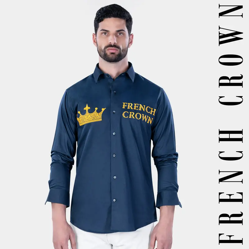 Midnight Blue With Crown Embroidered Subtle Sheen Super Soft Premium Cotton Designer Shirt 1
