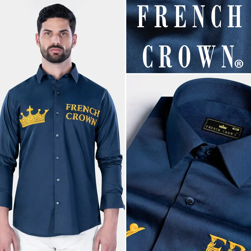 Midnight Blue With Crown Embroidered Subtle Sheen Super Soft Premium Cotton Designer Shirt 11