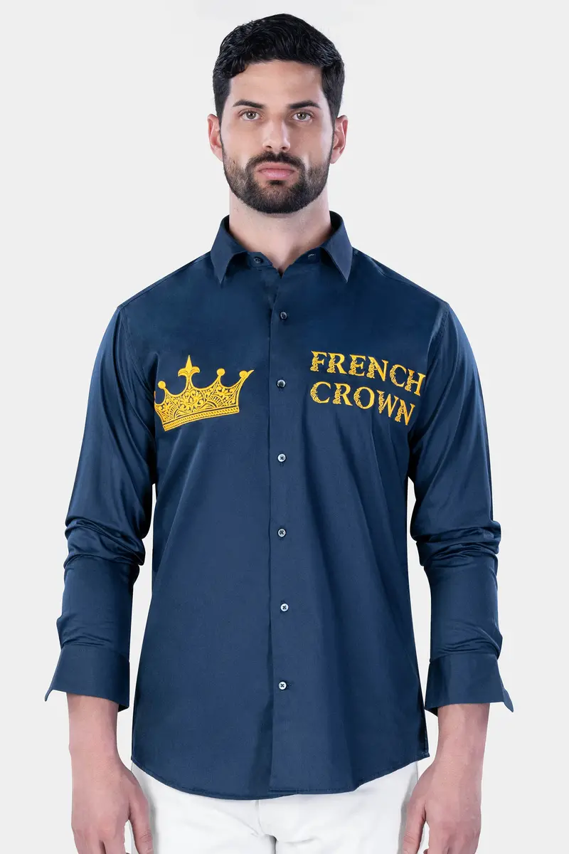 Midnight Blue With Crown Embroidered Subtle Sheen Super Soft Premium Cotton Designer Shirt 2