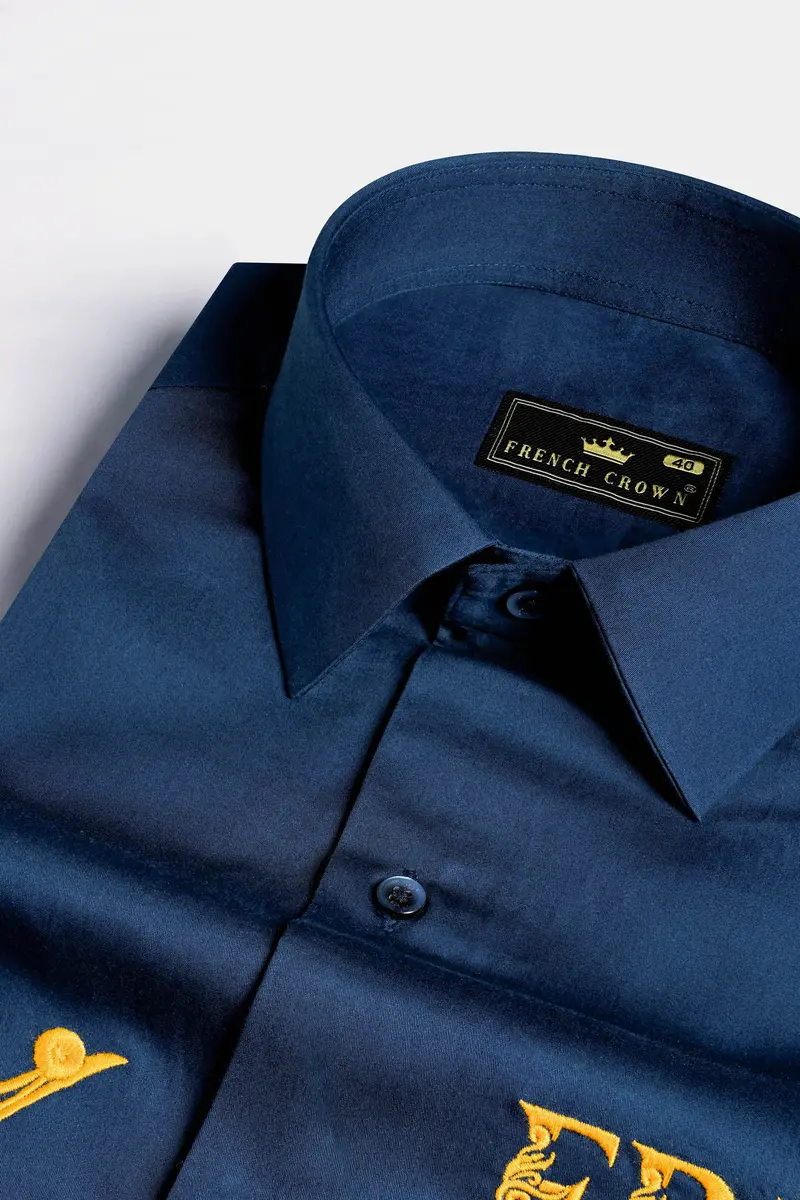 Midnight Blue With Crown Embroidered Subtle Sheen Super Soft Premium Cotton Designer Shirt 4