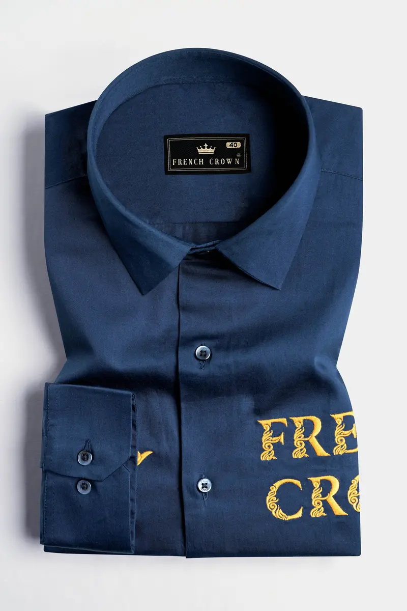 Midnight Blue With Crown Embroidered Subtle Sheen Super Soft Premium Cotton Designer Shirt 5