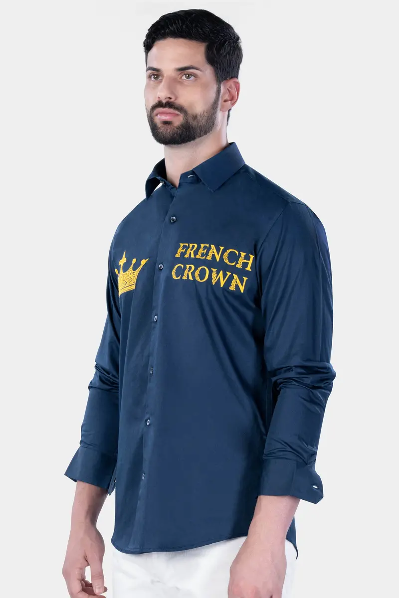 Midnight Blue With Crown Embroidered Subtle Sheen Super Soft Premium Cotton Designer Shirt 6