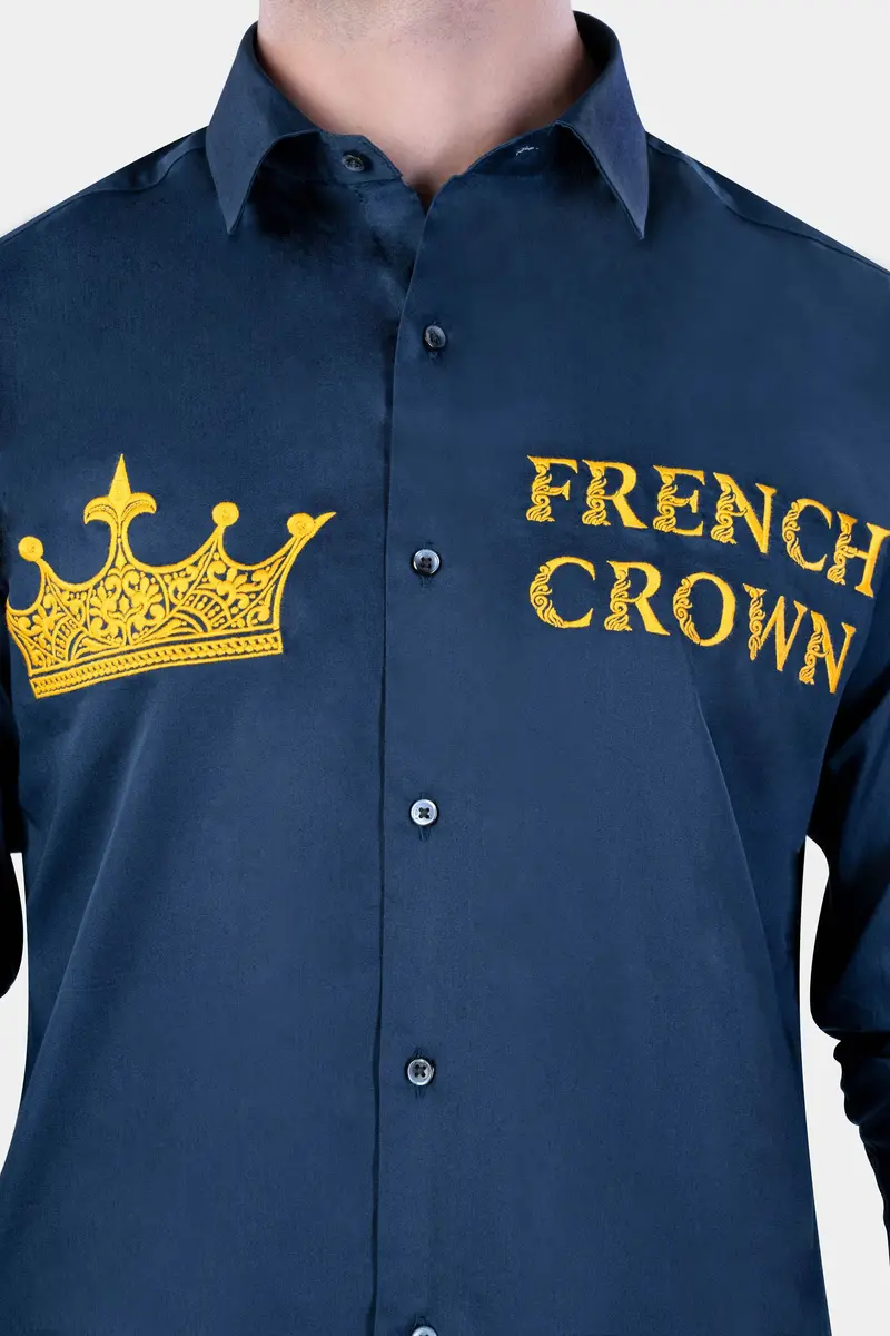 Midnight Blue With Crown Embroidered Subtle Sheen Super Soft Premium Cotton Designer Shirt 7