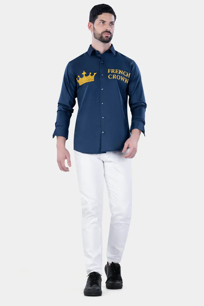 Midnight Blue With Crown Embroidered Subtle Sheen Super Soft Premium Cotton Designer Shirt 8