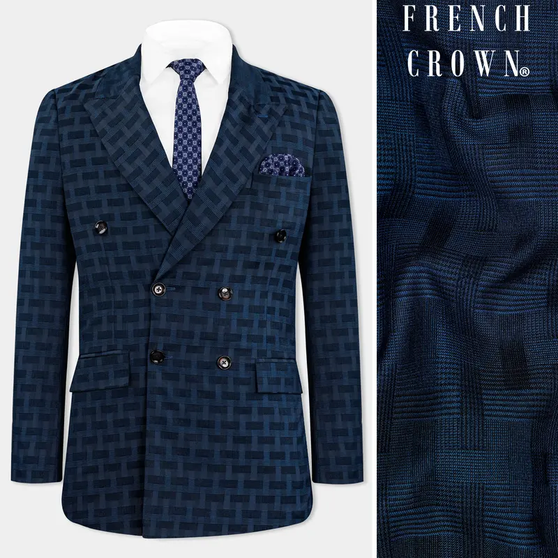 Midnight Blue With Nile Blue Jacquard Textured Double Breasted Blazer 1