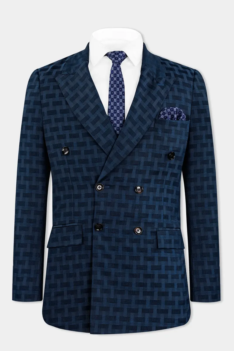 Midnight Blue With Nile Blue Jacquard Textured Double Breasted Blazer 2