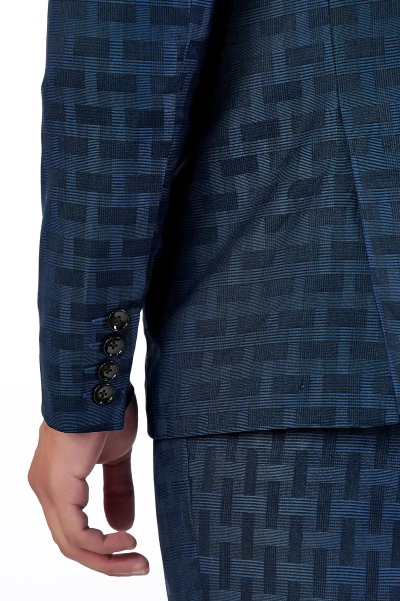 Midnight Blue With Nile Blue Jacquard Textured Double Breasted Blazer 4