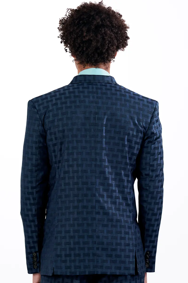 Midnight Blue With Nile Blue Jacquard Textured Double Breasted Blazer 6