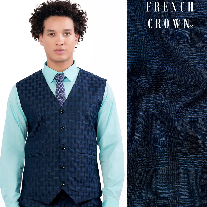 Midnight Blue With Nile Blue Jacquard Textured Waistcoat 1
