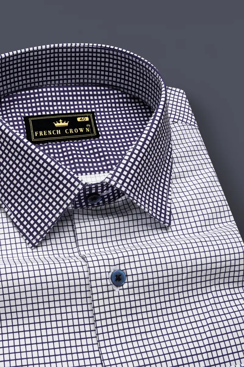 Midnight Frost-Ebony Blue And Bright White Marico Checks Printed Premium Cotton Shirt 4